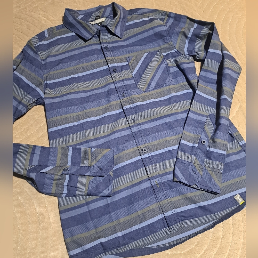 Smartwool Blue and Gray Striped Button-Up Shirt, Sz Med